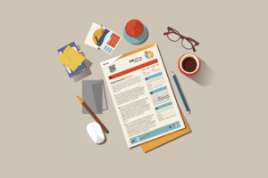 An infographic illustration of a work resume, surrounded by office-place objects.