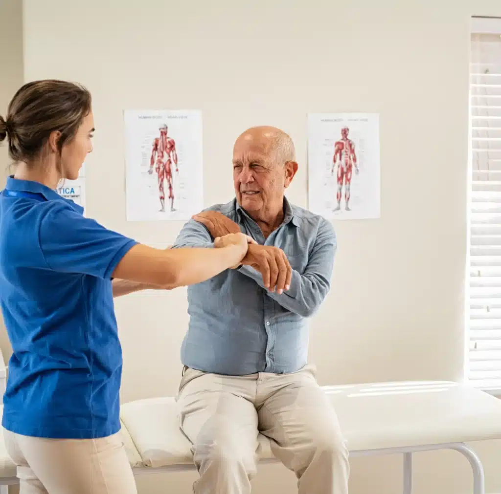Physiotherapist Helping Senior Man With Elbow Exercise In Clinic. Chiropractic Checking Elbow And