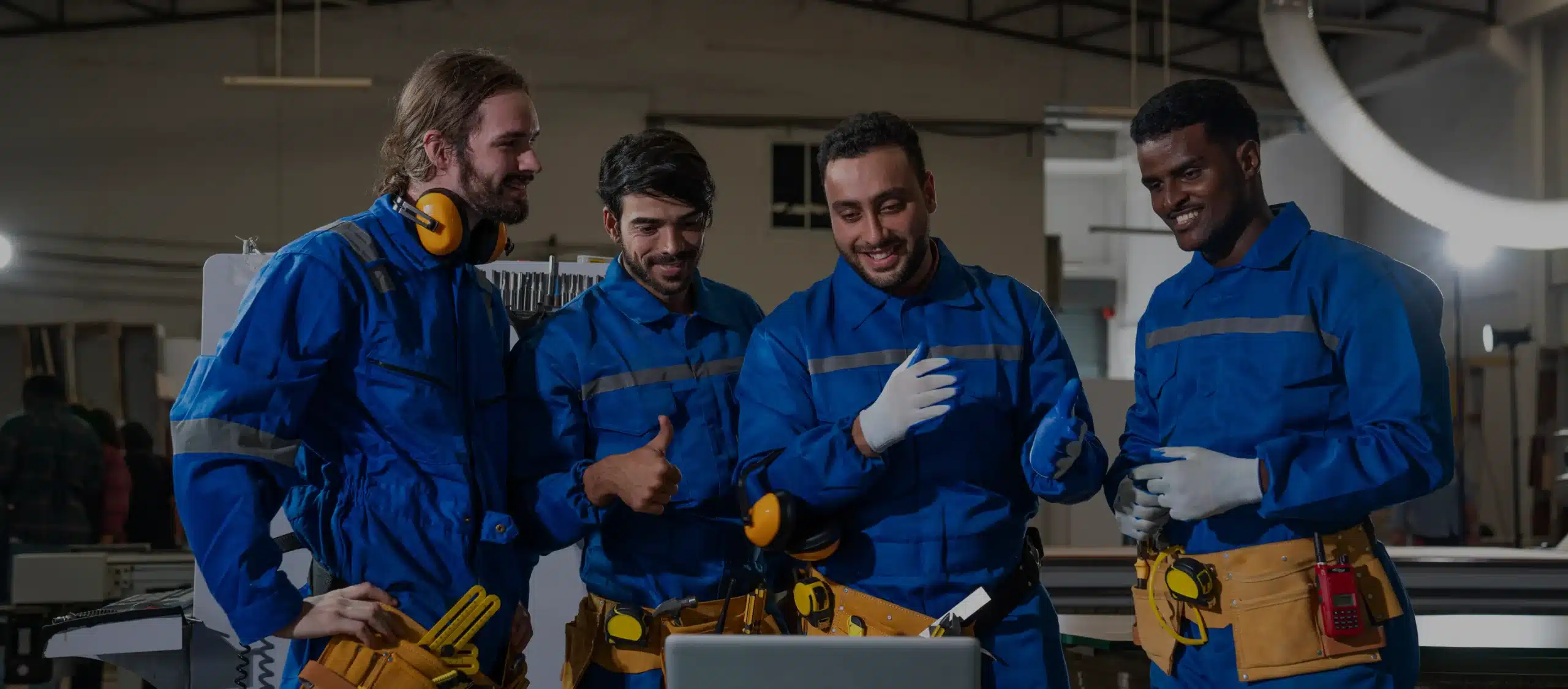 Team of engineers and technician using laptop checking metal machine.